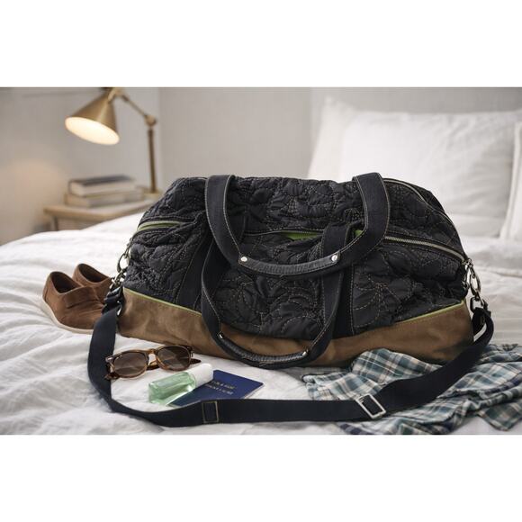 Fossil Key-Per Quilted Nylon Tote Shoulder Bag Black Green Travel Overnight main image 5